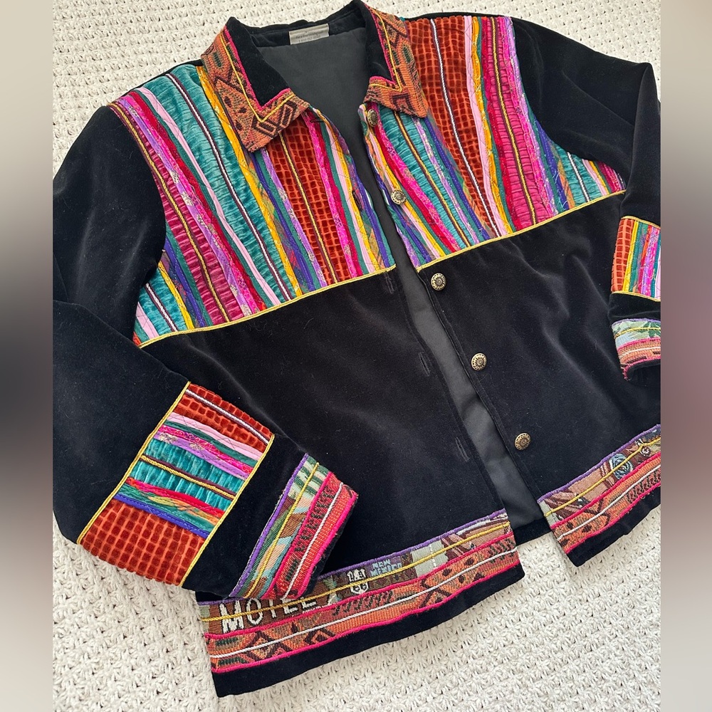 Vintage Coldwater Creek Colorful Patchwork Velvet Blazer Jacket B2